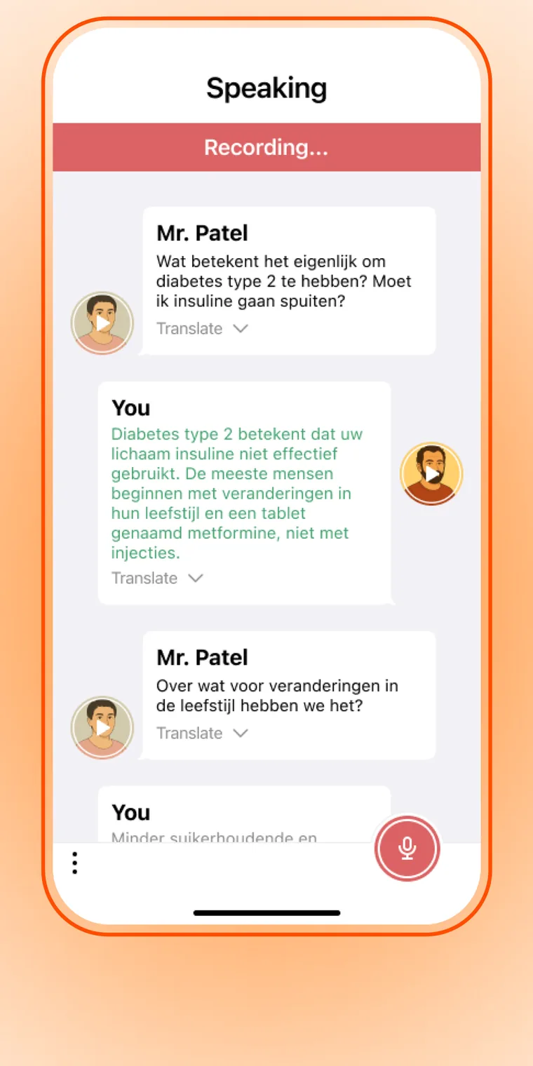 A speaking exercise: a patient asks about type 2 diabetes and you answer in Dutch