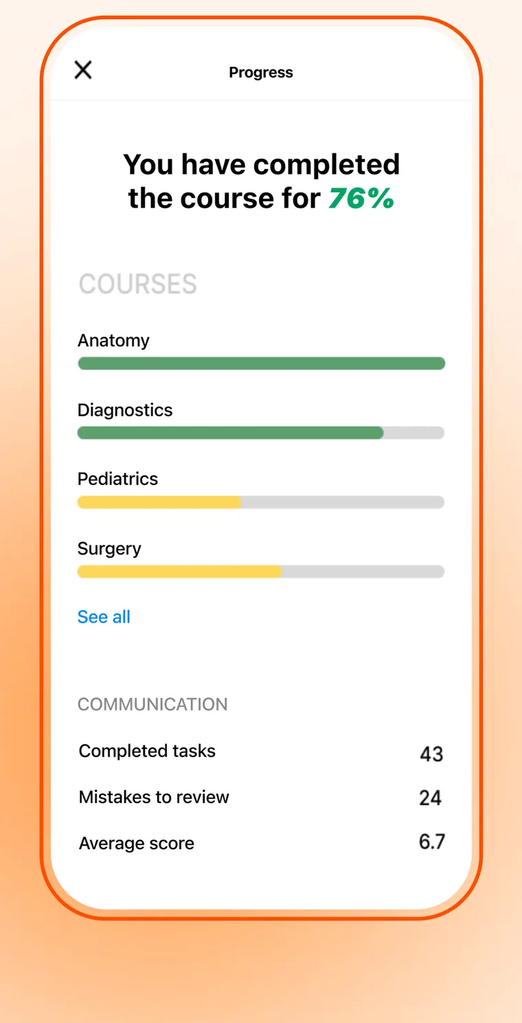 The progress screen showing 76% of the course completed